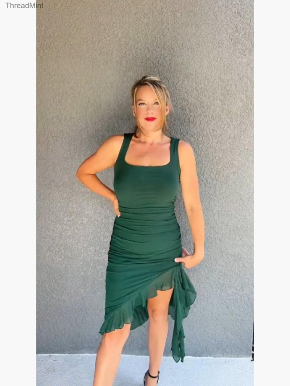 Bodycon Midi Dress Square Neck Ruched Cocktail Party Stretch Fabric - Picture 7 of 7